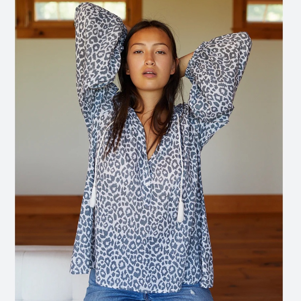 EMERSON FRY Blue Leopard Print Cotton Blouse Tunic Top S